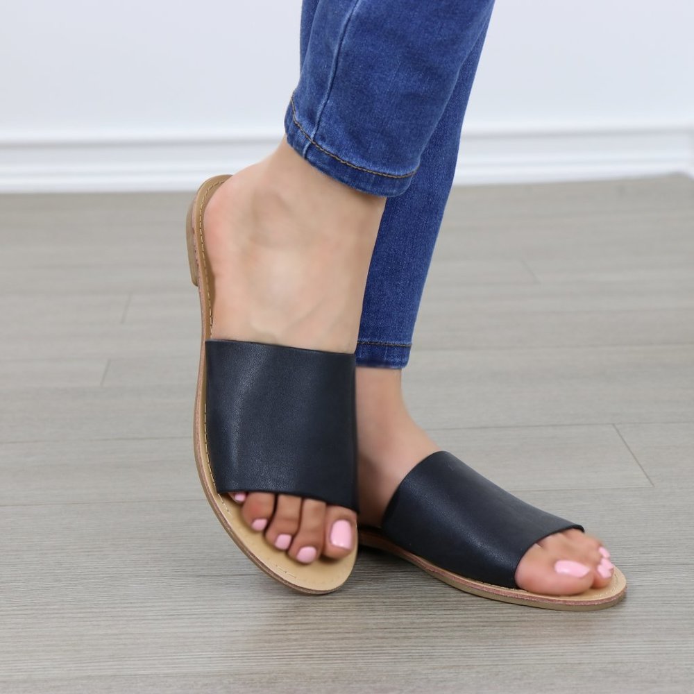 Faux Leather Slip On Slider Black Flat Sandals - Picture 7 of 8